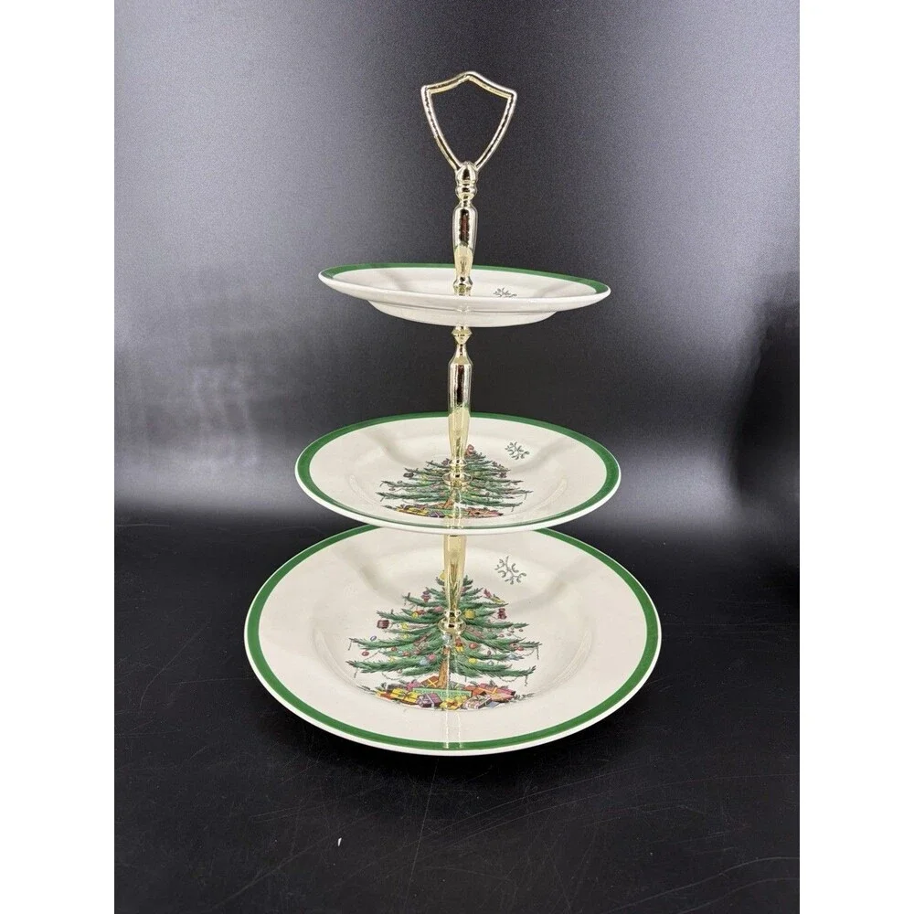 Vintage Spode Christmas Tree Triple 3-Tier Serving Tray Cookie Stand England